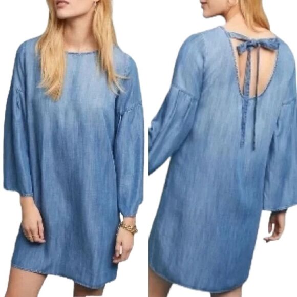 Anthropologie CLOTH & STONE Chambray Tencel Tie Back Bell Sleeve Dress M - Picture 1 of 9